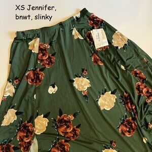 XS Lularoe Jennifer flared midi skirt, green with rust and ivory roses, slinky